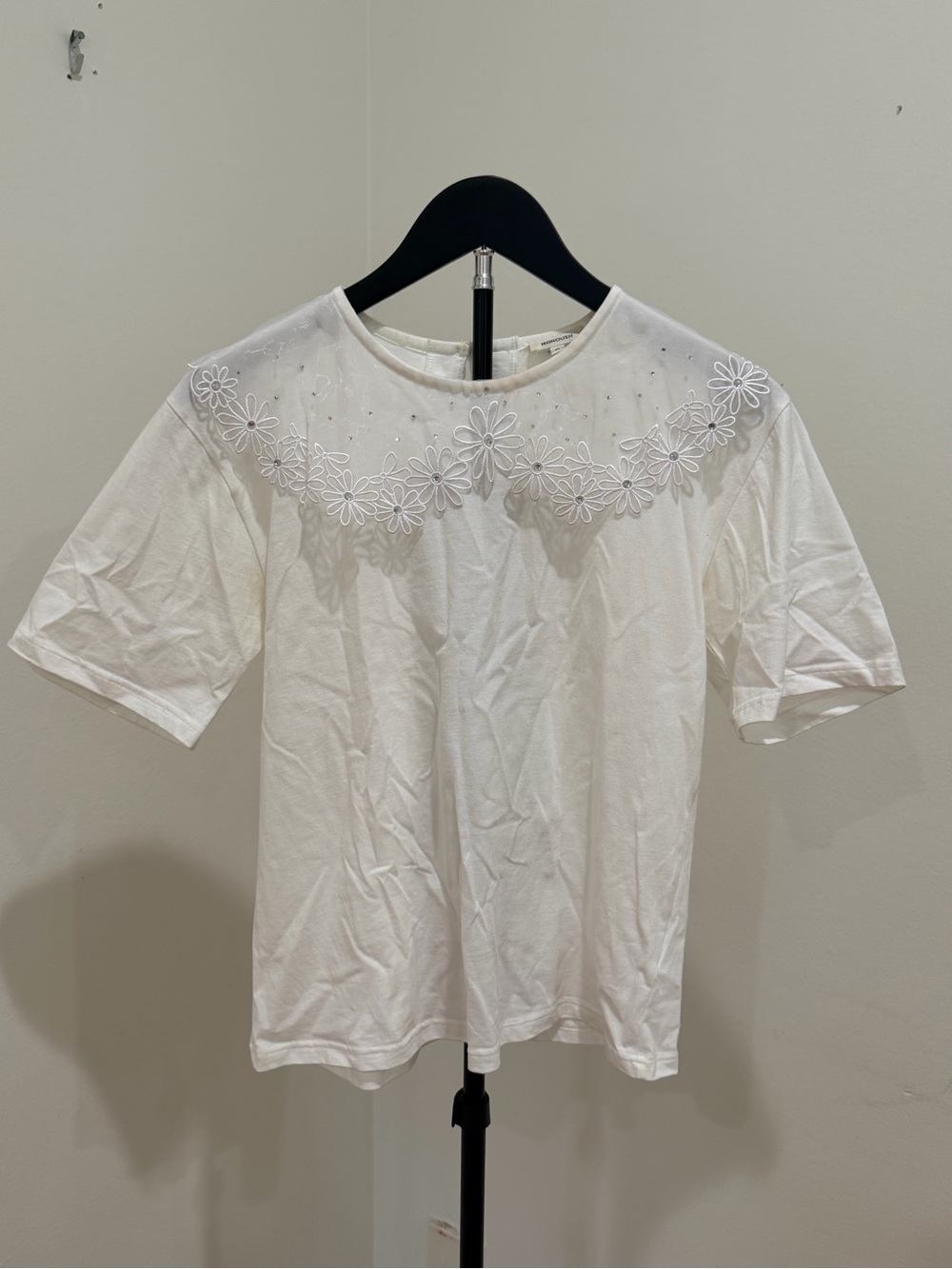 Manoush White Embroidered Daisy Lace Rhinestone Collar T-Shirt Top XS